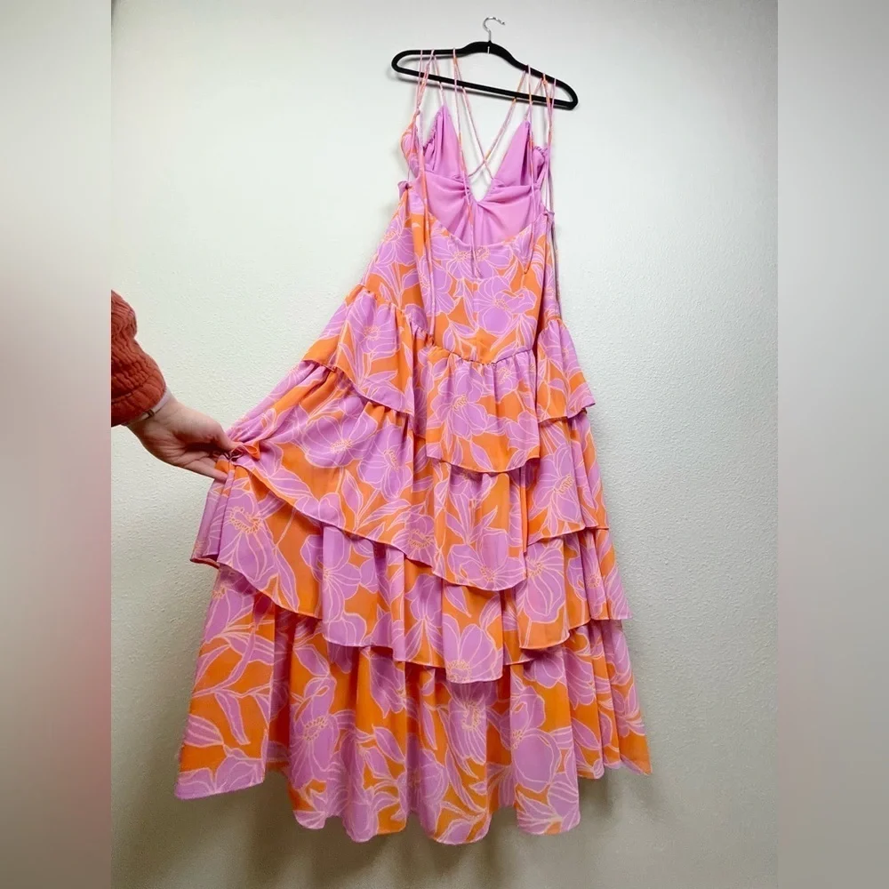 ASTR The Label Women's Large Aneira Dress Orange Purple Floral Maxi Ruffle Strap - Picture 12 of 16
